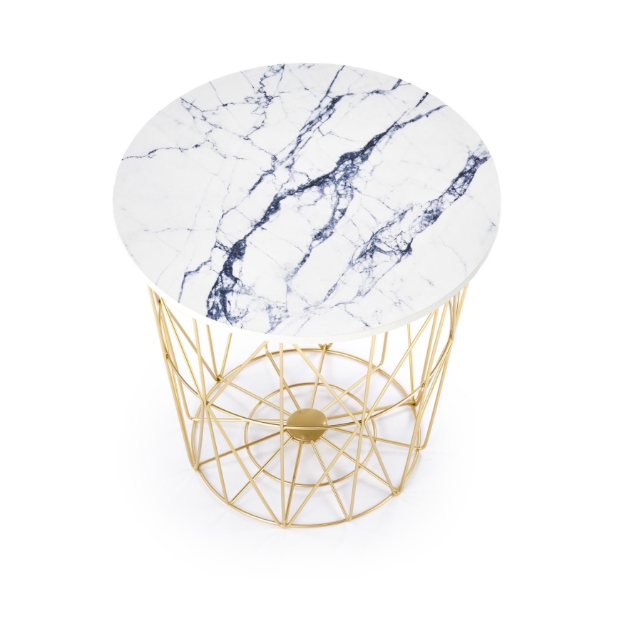 Table basse HARISSA 41x42 cm doré/blanc décor en marbre