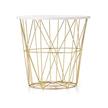 Table basse HARISSA 41x42 cm doré/blanc décor en marbre