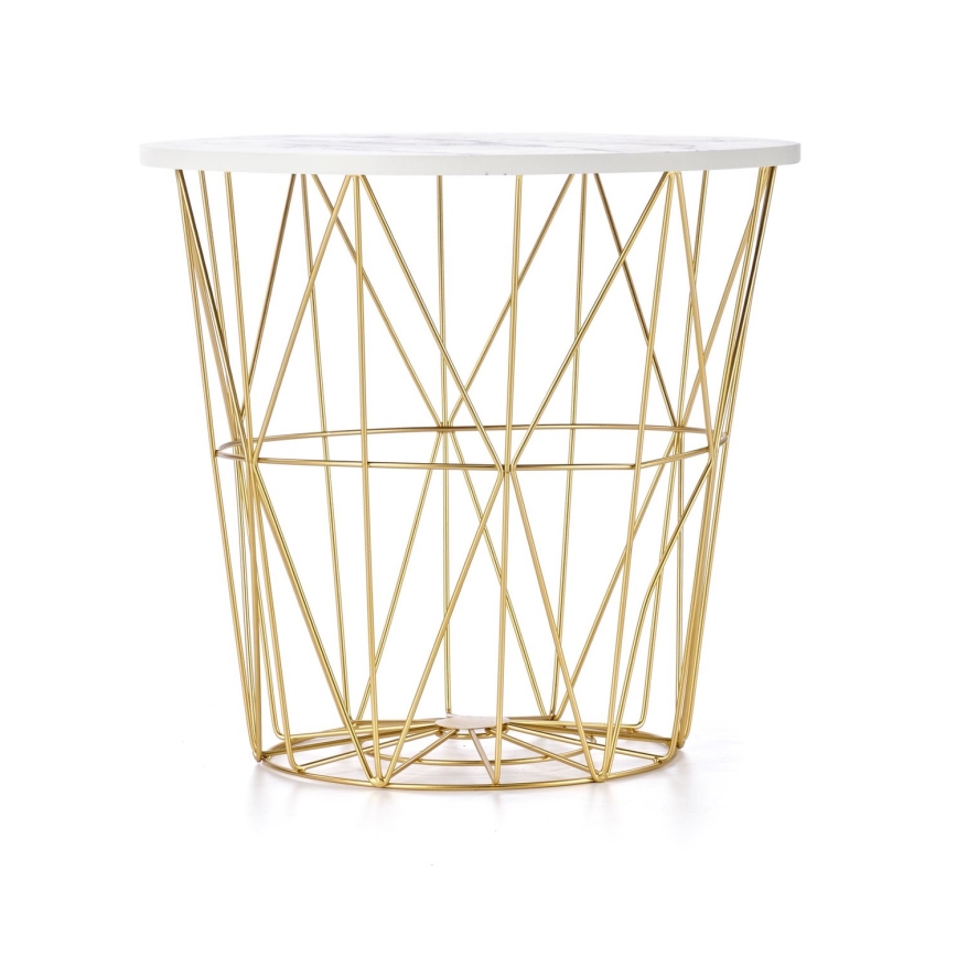 Table basse HARISSA 41x42 cm doré/blanc décor en marbre