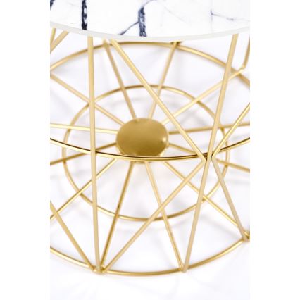 Table basse HARISSA 41x42 cm doré/blanc décor en marbre