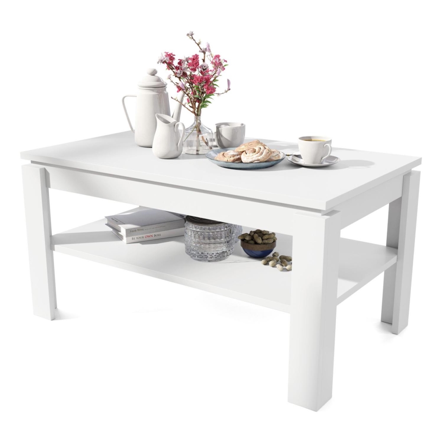 Table basse pliable avec couvercle relevable avec étagère ADEN blanc