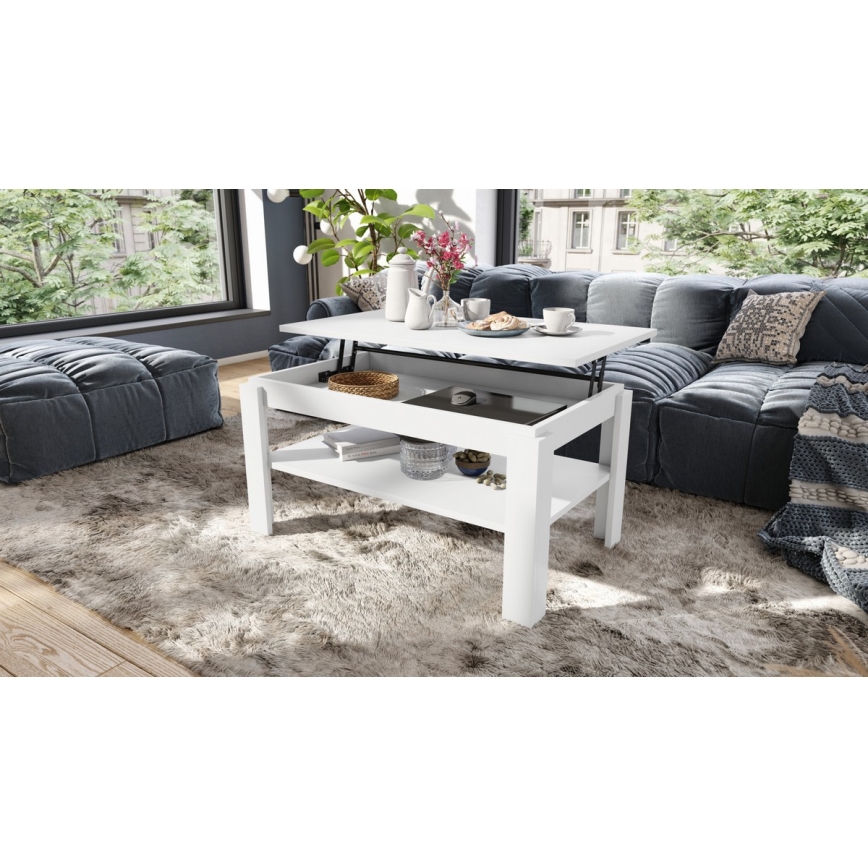 Table basse pliable avec couvercle relevable avec étagère ADEN blanc
