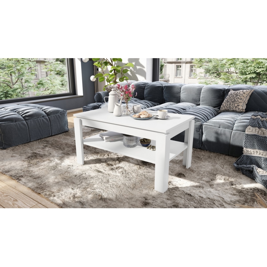 Table basse pliable avec couvercle relevable avec étagère ADEN blanc