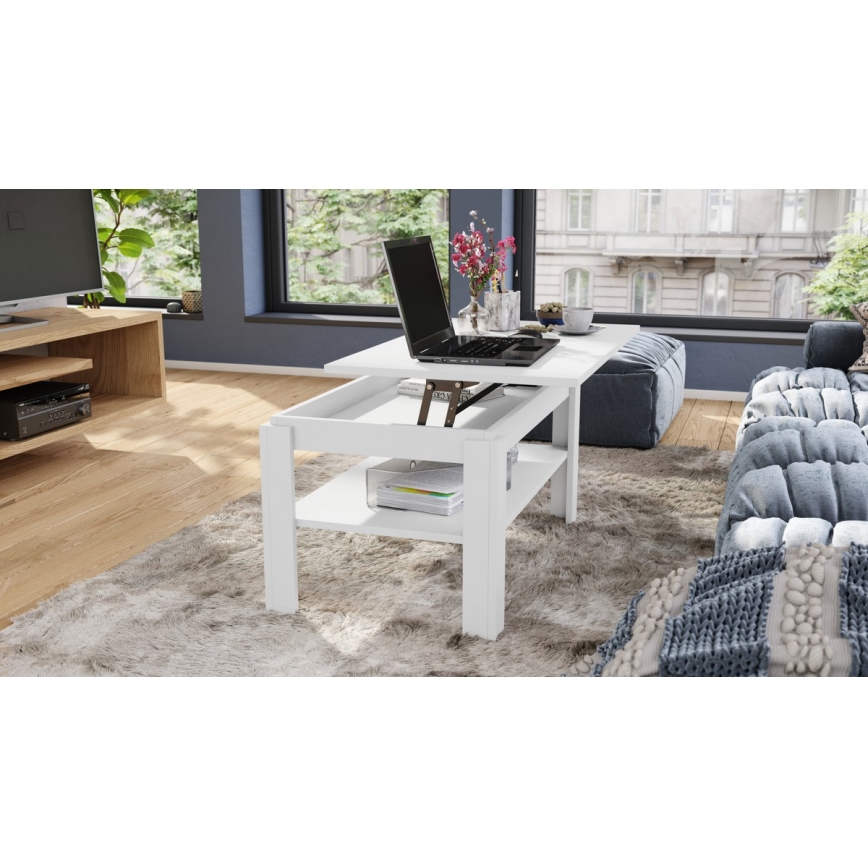 Table basse pliable avec couvercle relevable avec étagère ADEN blanc