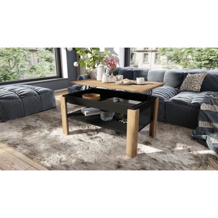 Table basse pliable avec couvercle relevable avec étagère ADEN chêne/noir