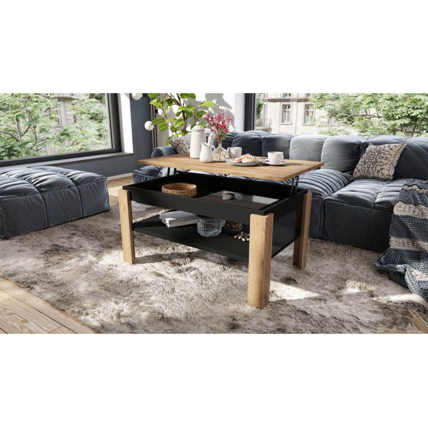 Table basse pliable avec couvercle relevable avec étagère ADEN chêne/noir