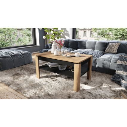 Table basse pliable avec couvercle relevable avec étagère ADEN chêne/noir