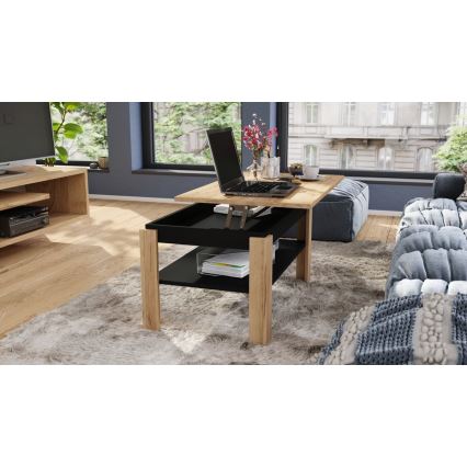 Table basse pliable avec couvercle relevable avec étagère ADEN chêne/noir