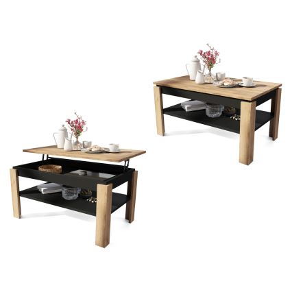 Table basse pliable avec couvercle relevable avec étagère ADEN chêne/noir