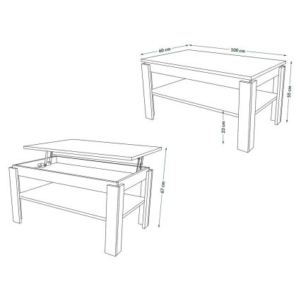 Table basse pliable avec couvercle relevable avec étagère ADEN chêne/noir