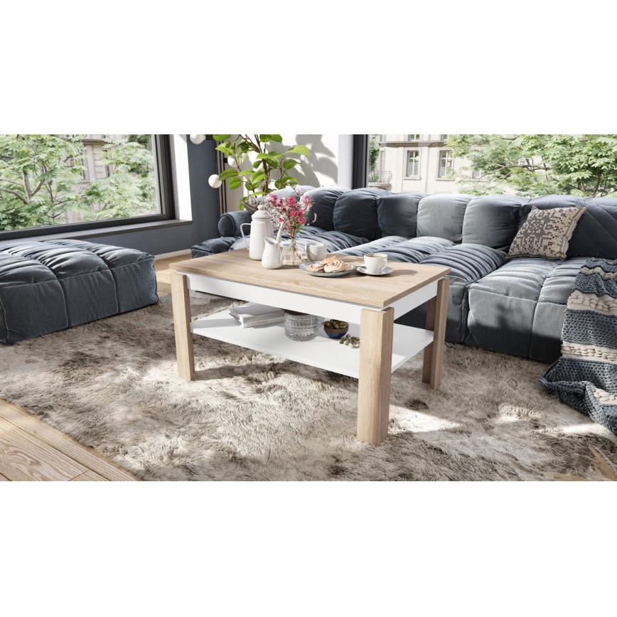 Table basse pliable avec couvercle relevable avec étagère ADEN chêne sonoma/blanc