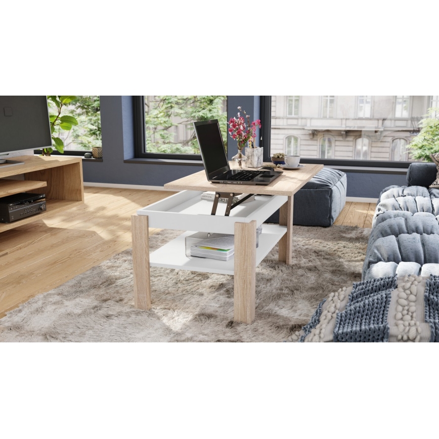 Table basse pliable avec couvercle relevable avec étagère ADEN chêne sonoma/blanc
