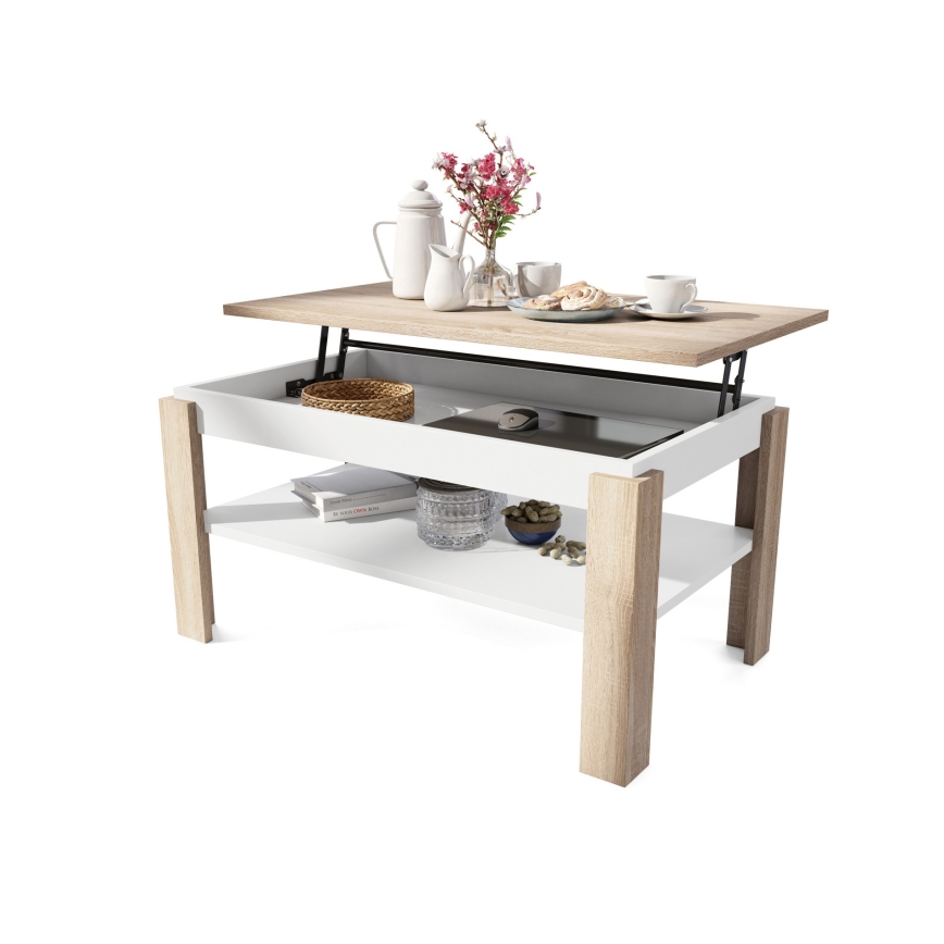 Table basse pliable avec couvercle relevable avec étagère ADEN chêne sonoma/blanc