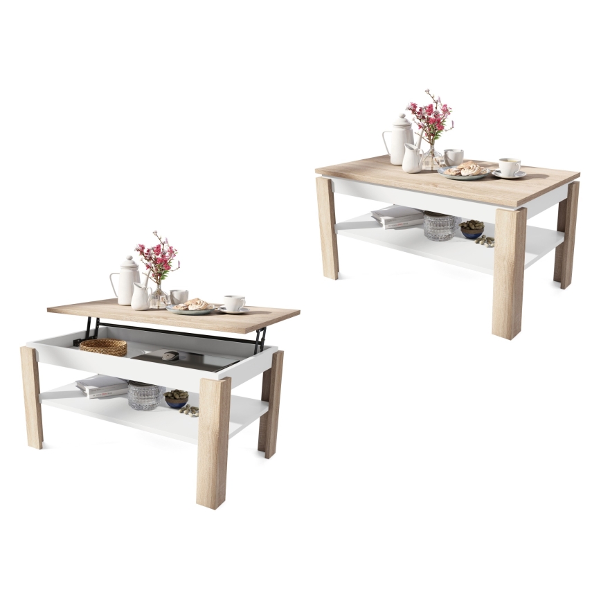 Table basse pliable avec couvercle relevable avec étagère ADEN chêne sonoma/blanc