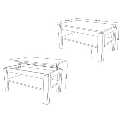 Table basse pliable avec couvercle relevable avec étagère ADEN chêne sonoma/blanc