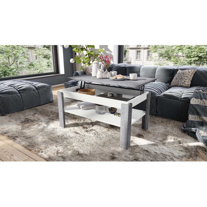 Table basse pliable avec couvercle relevable avec étagère ADEN gris/blanc