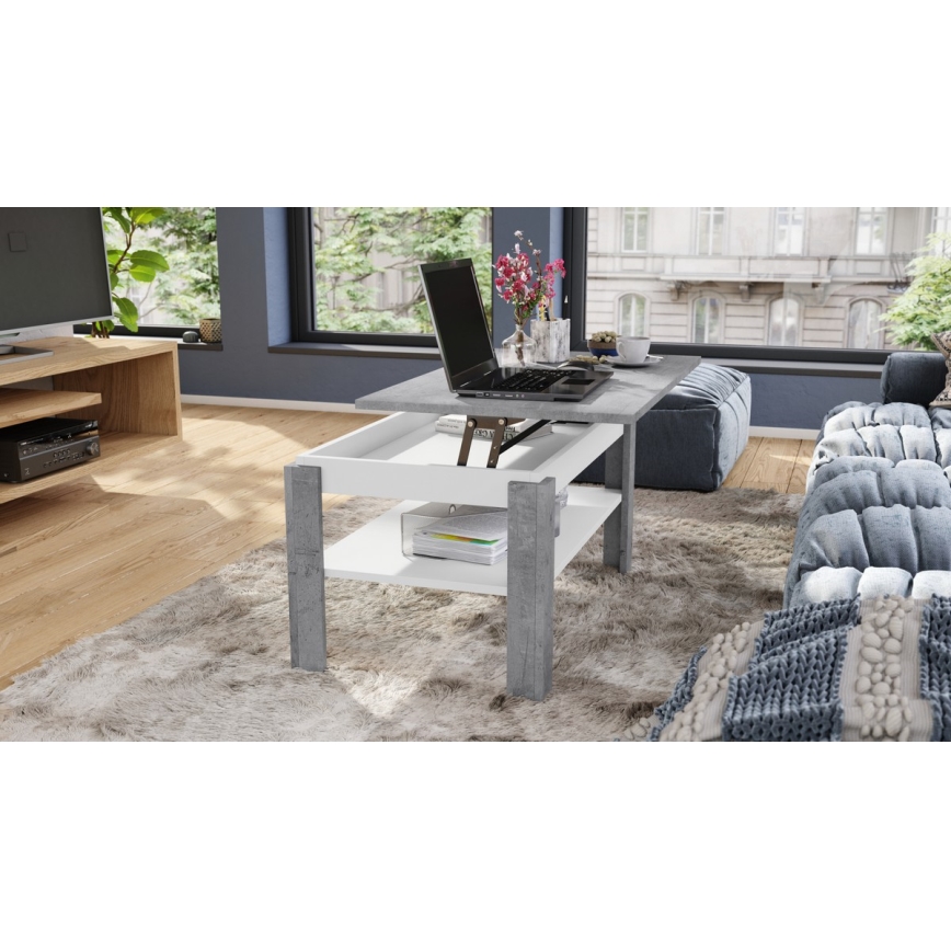 Table basse pliable avec couvercle relevable avec étagère ADEN gris/blanc