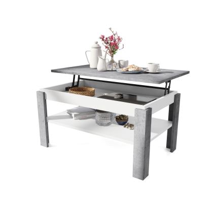 Table basse pliable avec couvercle relevable avec étagère ADEN gris/blanc