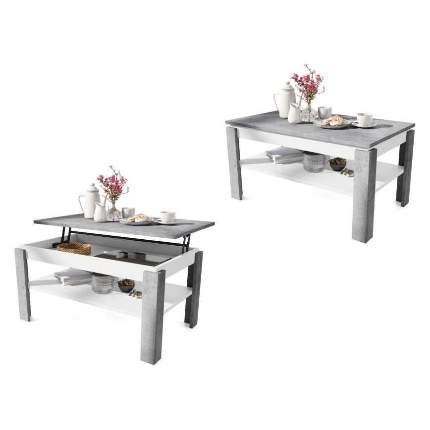 Table basse pliable avec couvercle relevable avec étagère ADEN gris/blanc