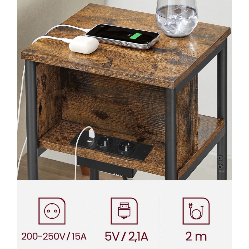 Table d'appoint ROD avec prises et ports USB intégrés, marron/noir
