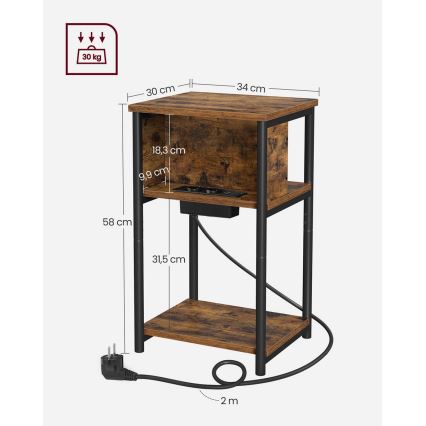Table d'appoint ROD avec prises et ports USB intégrés, marron/noir