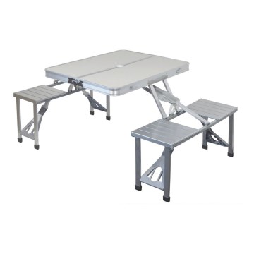 Table de camping pliable avec chaises blanc/chrome mat
