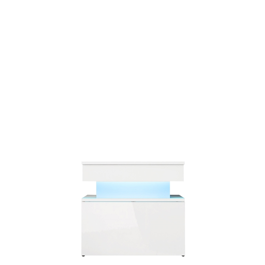 Table de chevet GLOSSA 51x55 cm avec éclairage LED, blanc/blanc laqué