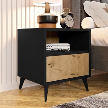 Table de chevet OVESSI 52x47 cm noir/chêne artisan