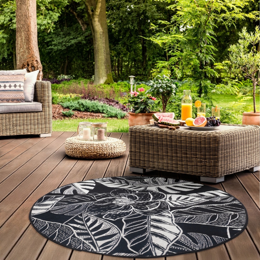 Tappeto da esterno JUNGLE 135 cm nero/bianco con motivo a foglie