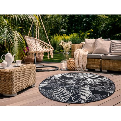 Tappeto da esterno JUNGLE 135 cm nero/bianco con motivo a foglie