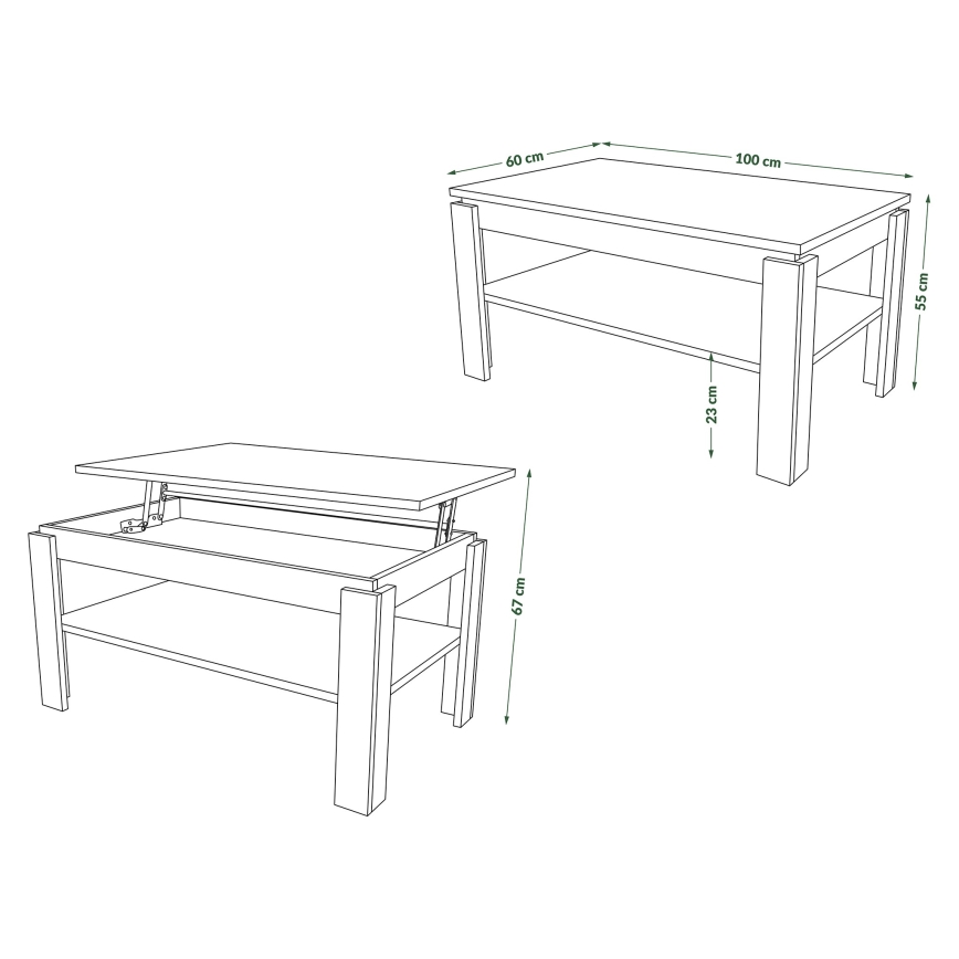 Tavolino da salotto allungabile con piano sollevabile e ripiano ADEN bianco
