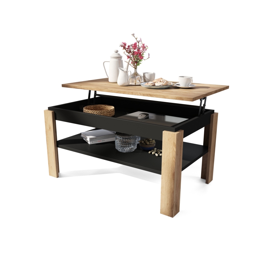 Tavolino da salotto allungabile con piano sollevabile e ripiano ADEN rovere craft/nero