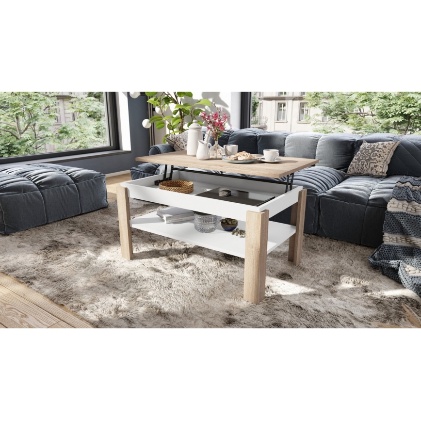 Tavolino da salotto allungabile con piano sollevabile e ripiano ADEN rovere Sonoma/bianco