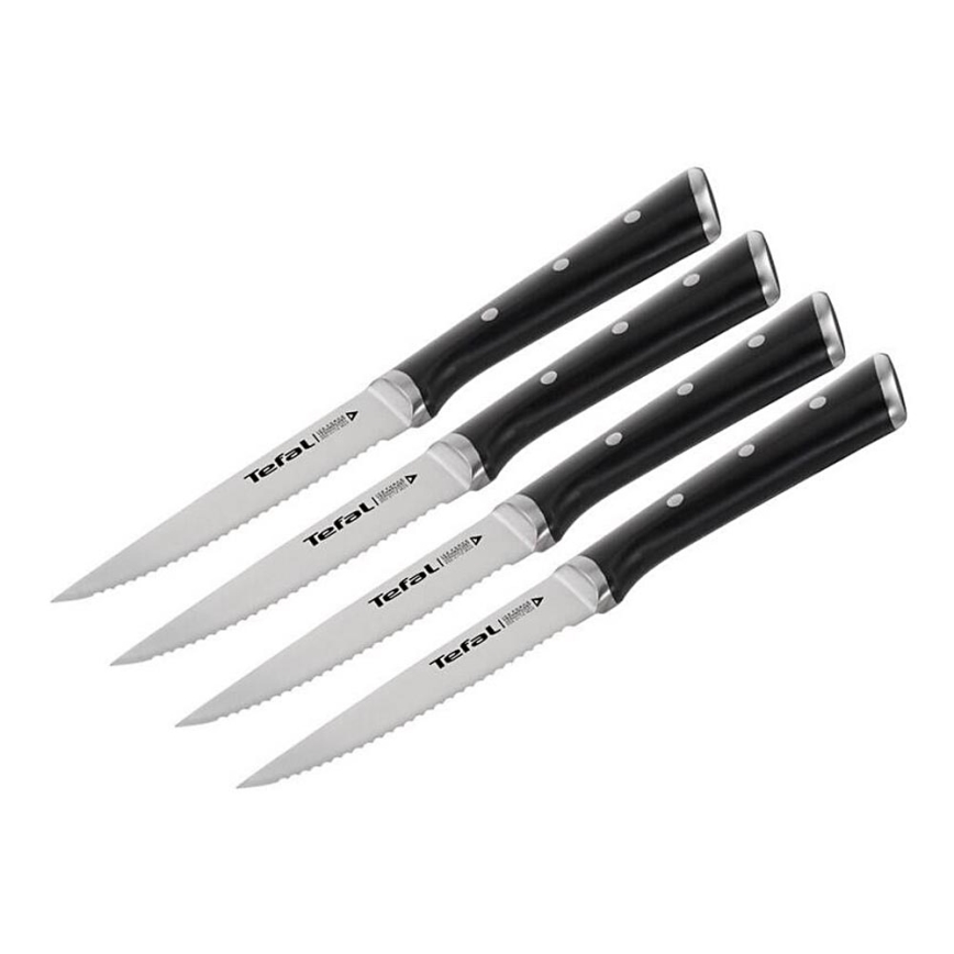 Tefal - 4er-Set Edelstahl-Steakmesser ICE FORCE, Klingenlänge 11 cm, Hochglanzchrom/Schwarz