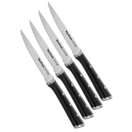 Tefal - Ensemble de 4 couteaux à steak ICE FORCE en acier inoxydable, 11 cm, chrome brillant/noir
