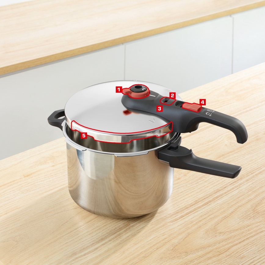 Tefal - Pentola a pressione 6 L SECURE TRENDY + set di 5 pezzi INGENIO EMOTION