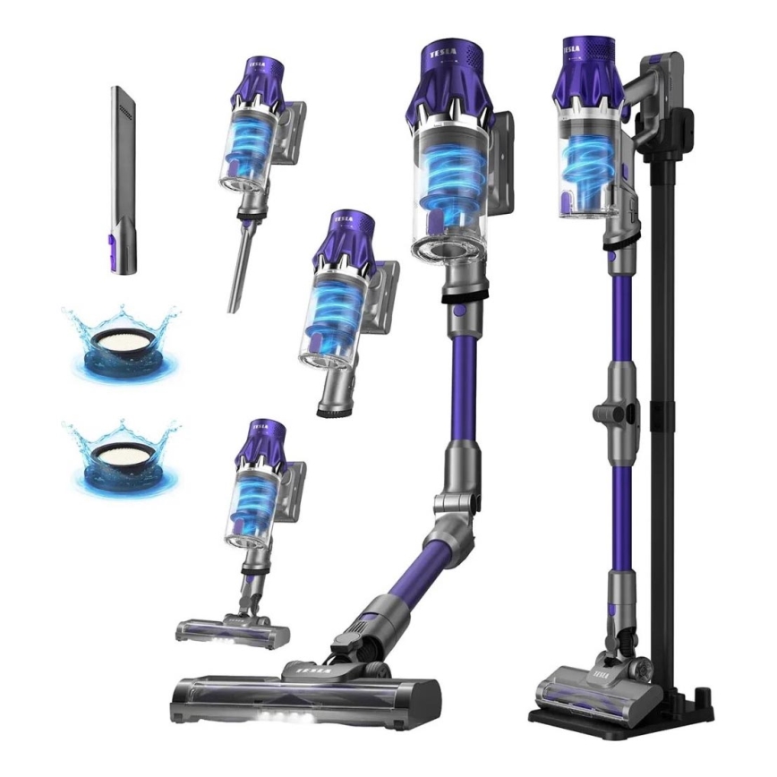 TESLA Electronics PureStar - Flexibler kabelloser Stielstaubsauger 2in1 250W/2200 mAh grau/violett