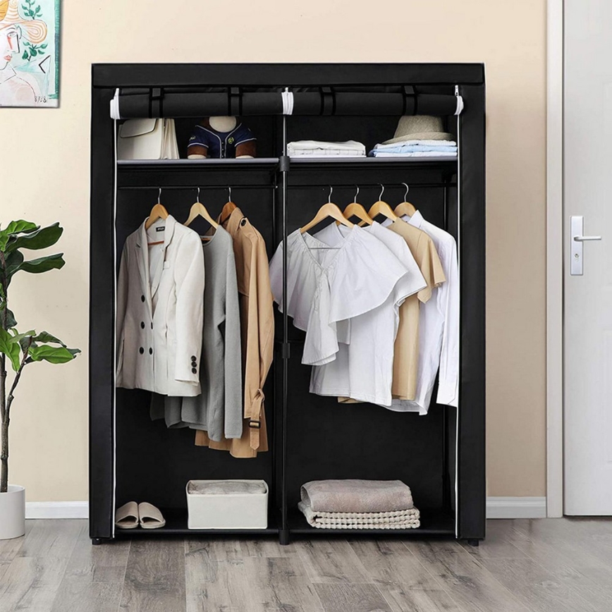 Textilkleiderschrank mit Einlegeböden und Kleiderstange MATIS, 140 x 174 cm, schwarz