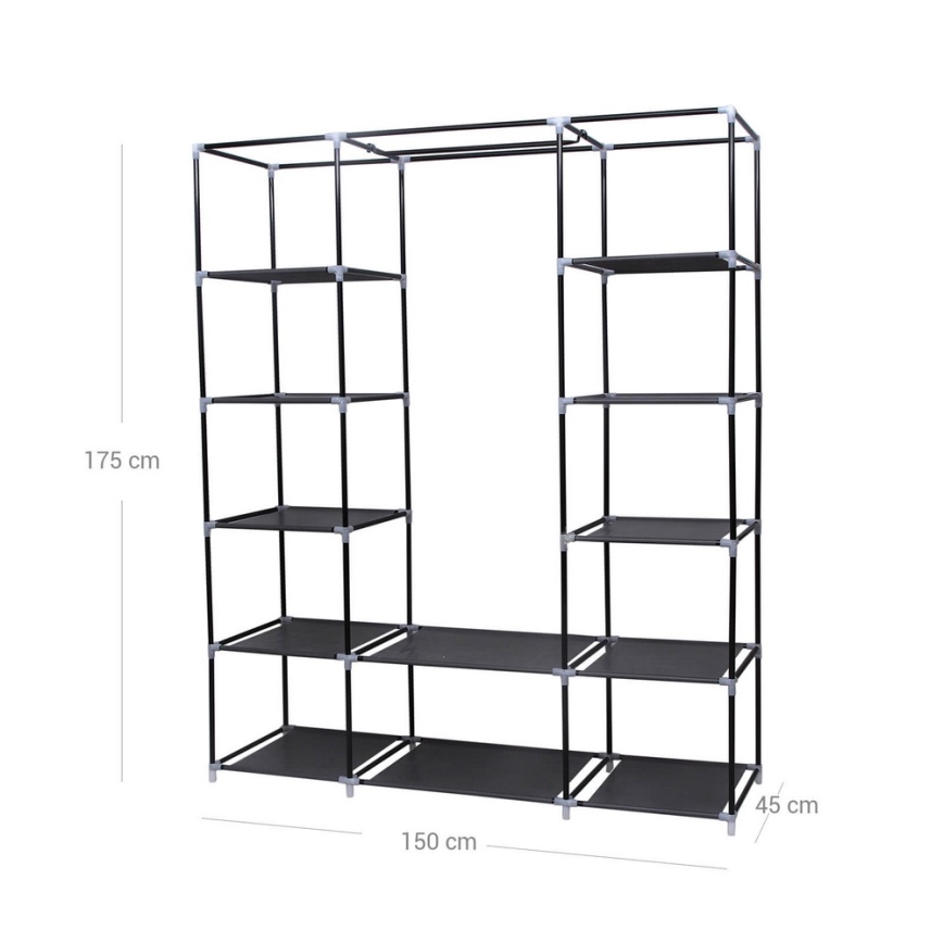 Textilkleiderschrank mit Regalen und Kleiderstange MATIS 150x175x45 cm, schwarz