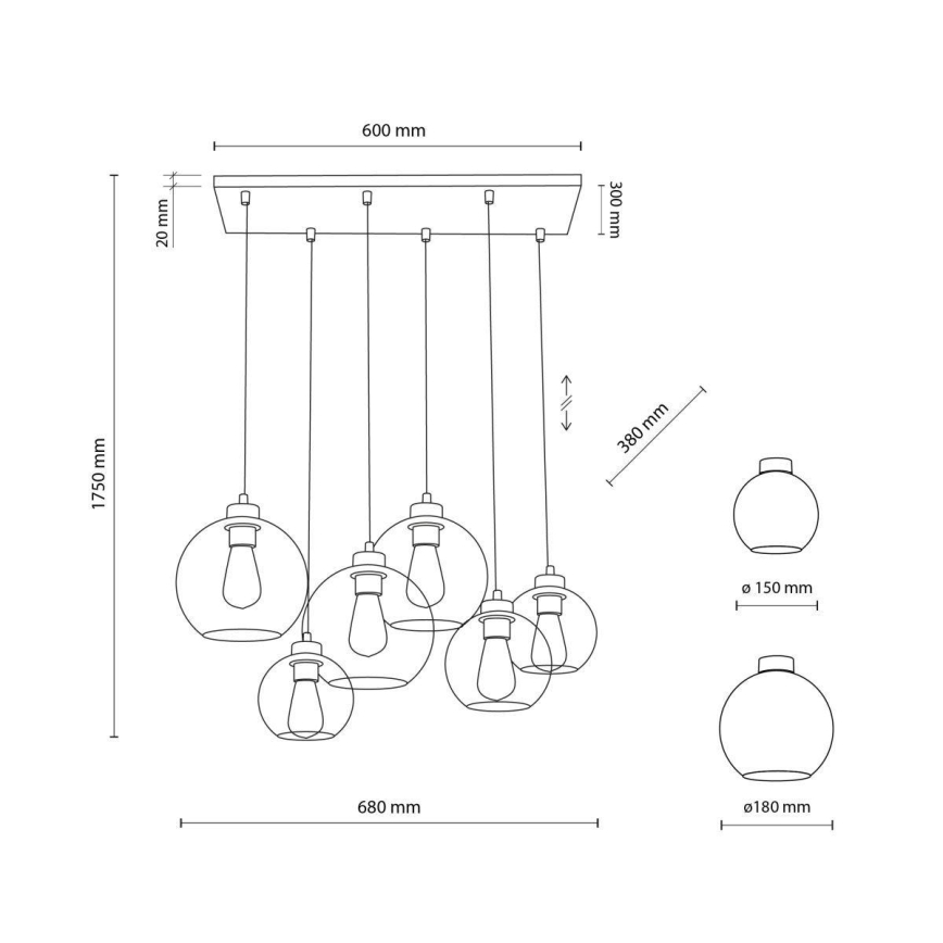 TK Lighting 2164 - Lampadario a sospensione con filo CUBUS 6xE27/60W/230V