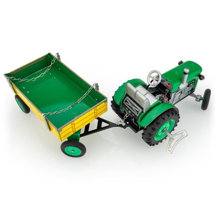Tracteur KOVAP à clé avec remorque plate, vert/jaune