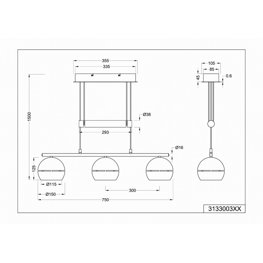 Trio - Lampadario a sospensione con filo FLETCHER 3xE14/40W/230V cromo opaco
