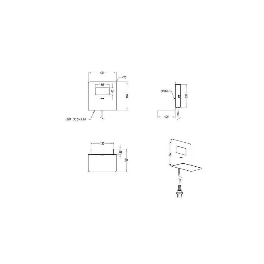 Trio - LED-Wandleuchte mit einer Ablage ALOFT LED/3W/230V + USB-Anschluss