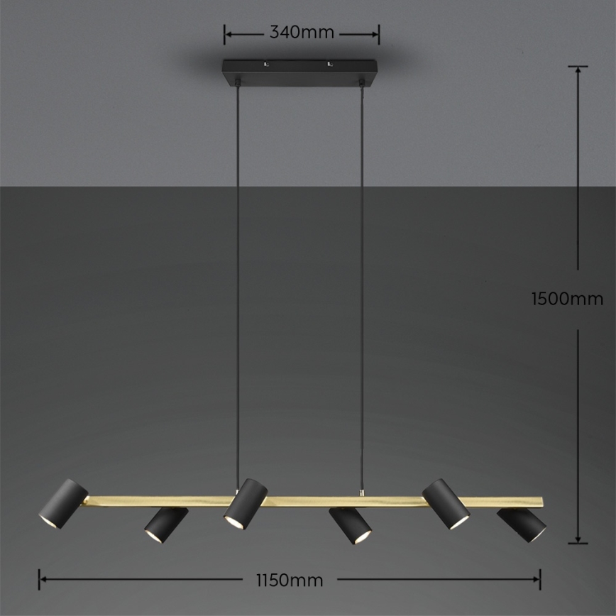 Trio - Pendelleuchte MARLEY mit Seilaufhängung, 6xGU10/35W/230V, schwarz/gold