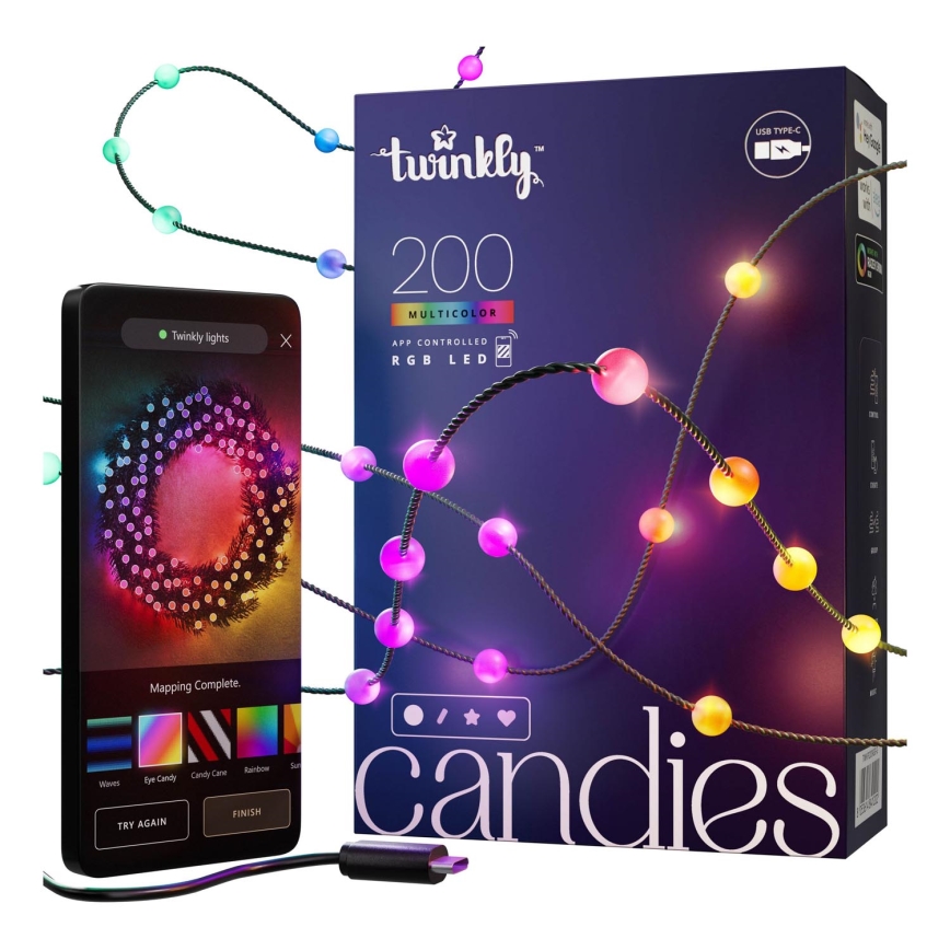 Twinkly - Dimmbare LED-RGB-Weihnachtskette CANDIES 200xLED 14 m USB Wi-Fi