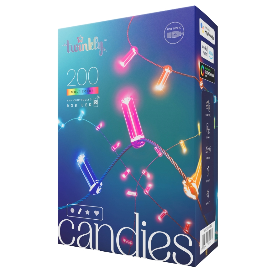 Twinkly - Catena luminosa LED RGB dimmerabile CANDIES, 200 LED, 14 m, USB, Wi‑Fi