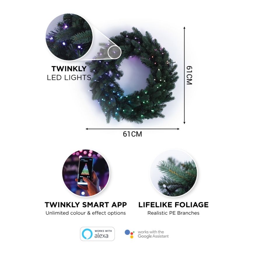 Twinkly - LED RGB Dimmerabile Ghirlanda di Natale PRE-LIT WREATH 50xLED diametro 61cm Wi-Fi