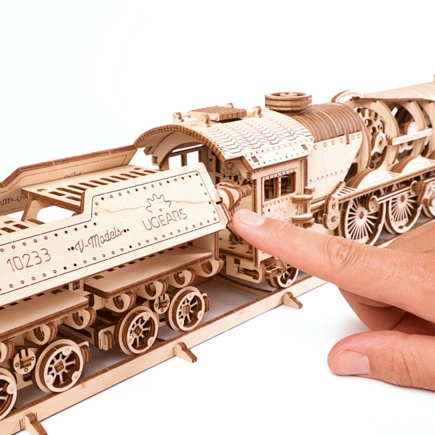 Ugears - Mechanisches 3D-Holzpuzzle V-Express Dampflokomotive mit Tender