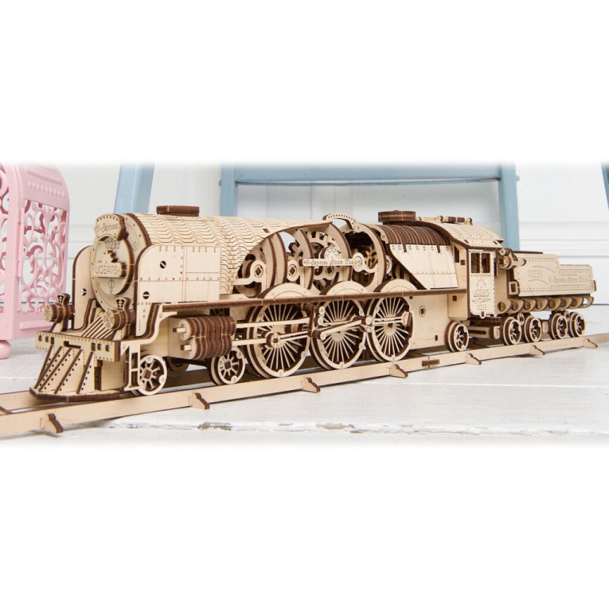 Ugears - Puzzle 3D mécanique en bois V-Express locomotive à vapeur avec tender