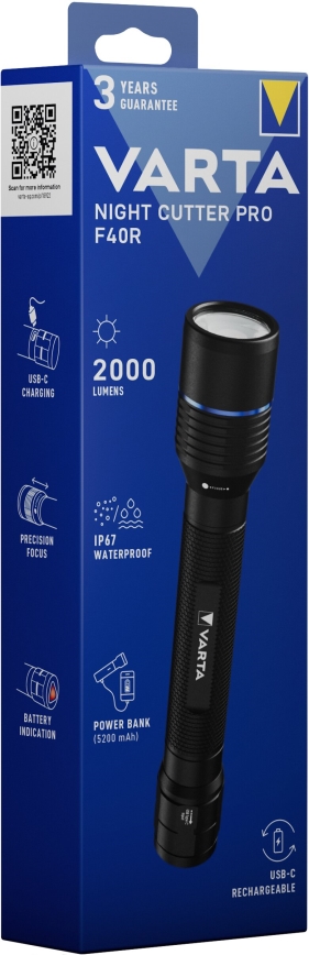 Varta 18922101111 - Torcia LED ricaricabile con power bank NIGHT CUTTER PRO F40R LED/USB IP67